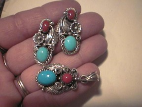 Jabberjewelry.com Silver Turquoise & Coral Earrings & Pendant Set