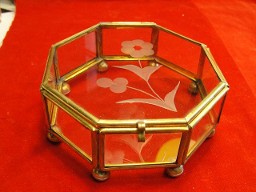 Vintage Glass & Brass Trinket Box Etched Flower